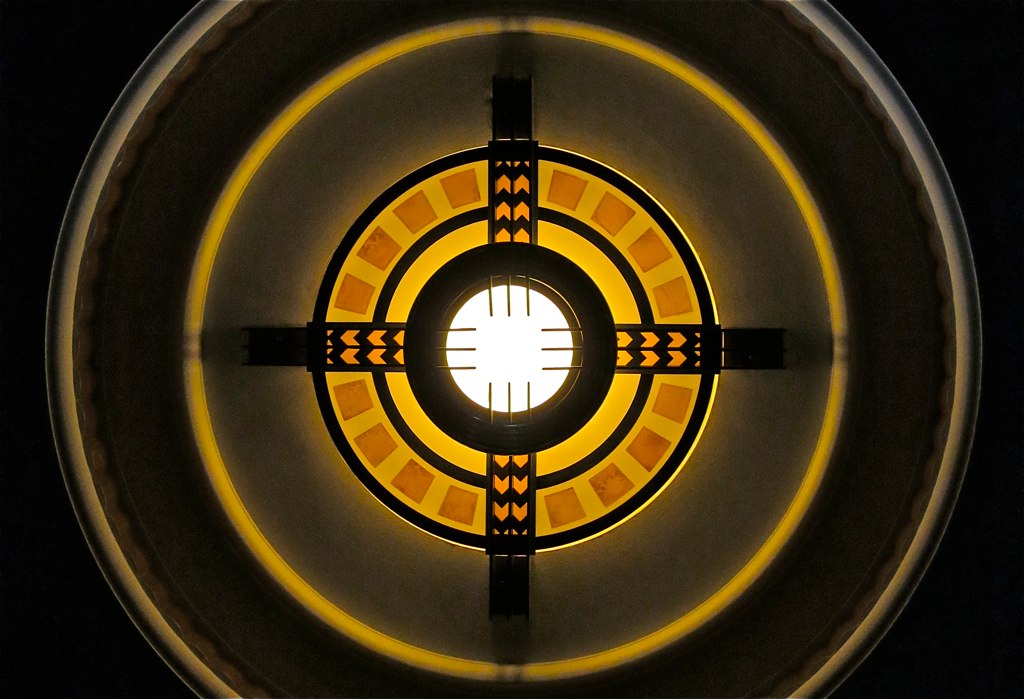 Geometric illuminated Art Deco ceiling light in the 1936 Kansas City Music Hall