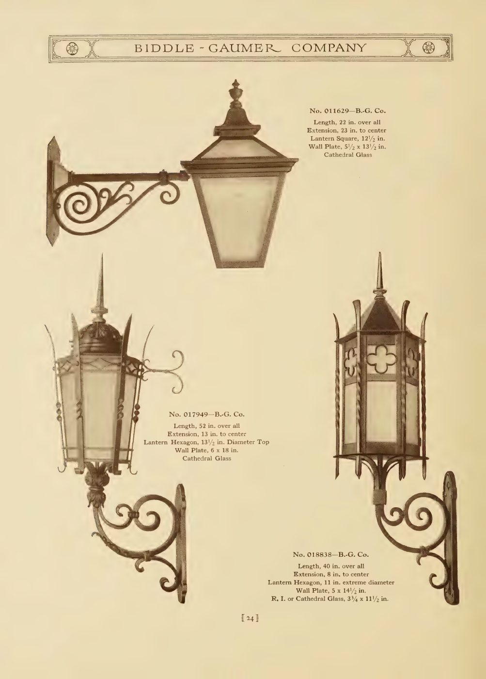 Picturesque bracket lanterns using scroll arms, pierced roofs, and rectangular glass bodies.