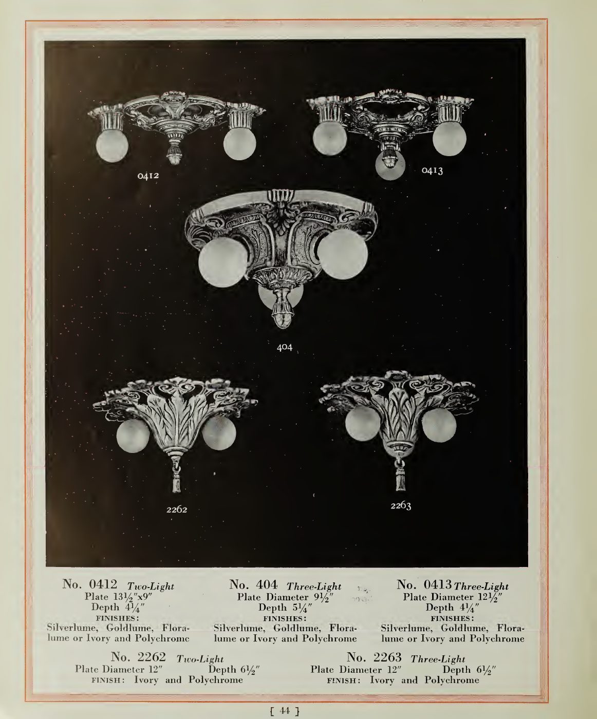 The late-catalog modern group: shallow ceiling fixtures with compact clustered lamps.