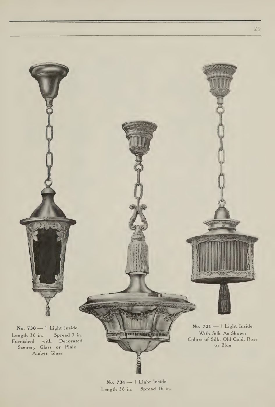 A hanging lantern, a semi-indirect bowl fixture, and compact ceiling lights.