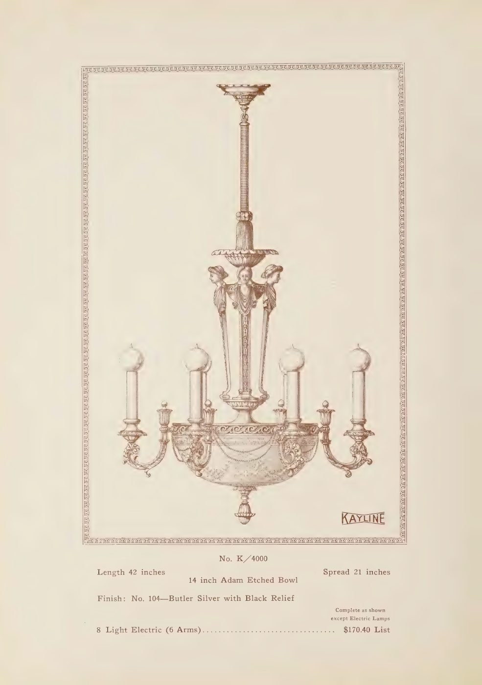 The first numbered fixture plate: a six-arm candle chandelier with a long stem and ceiling canopy.